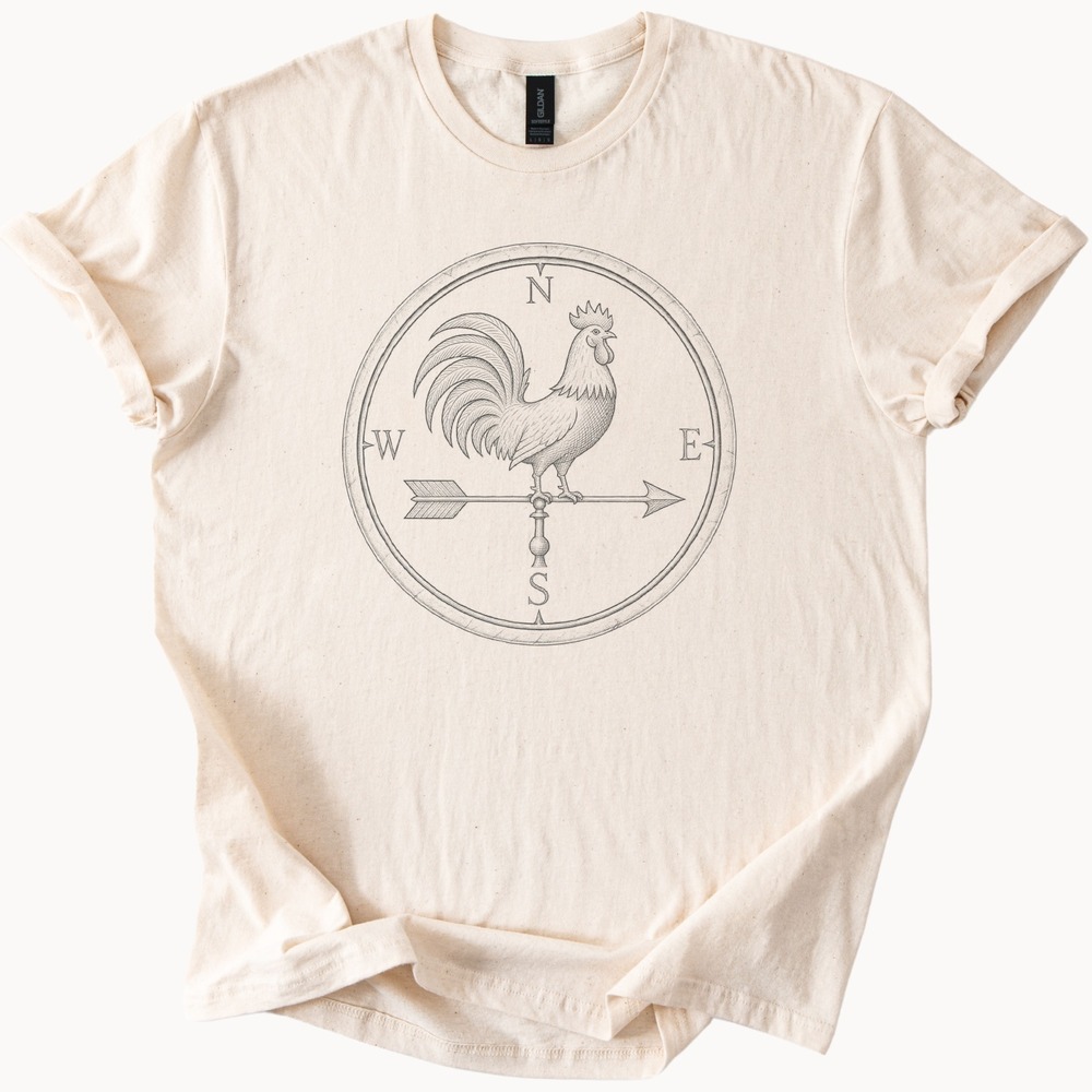 N S E W Rooster Gripping the Weathervane Compass Tee
